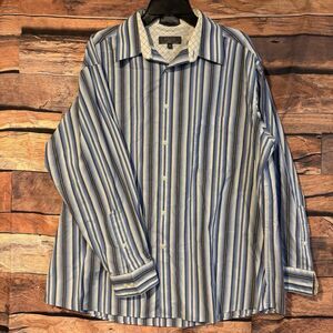 Crazy Horse Shirt 17 34-35 Men's Blue Striped Diamond Flip Cuff Button Up Shirt